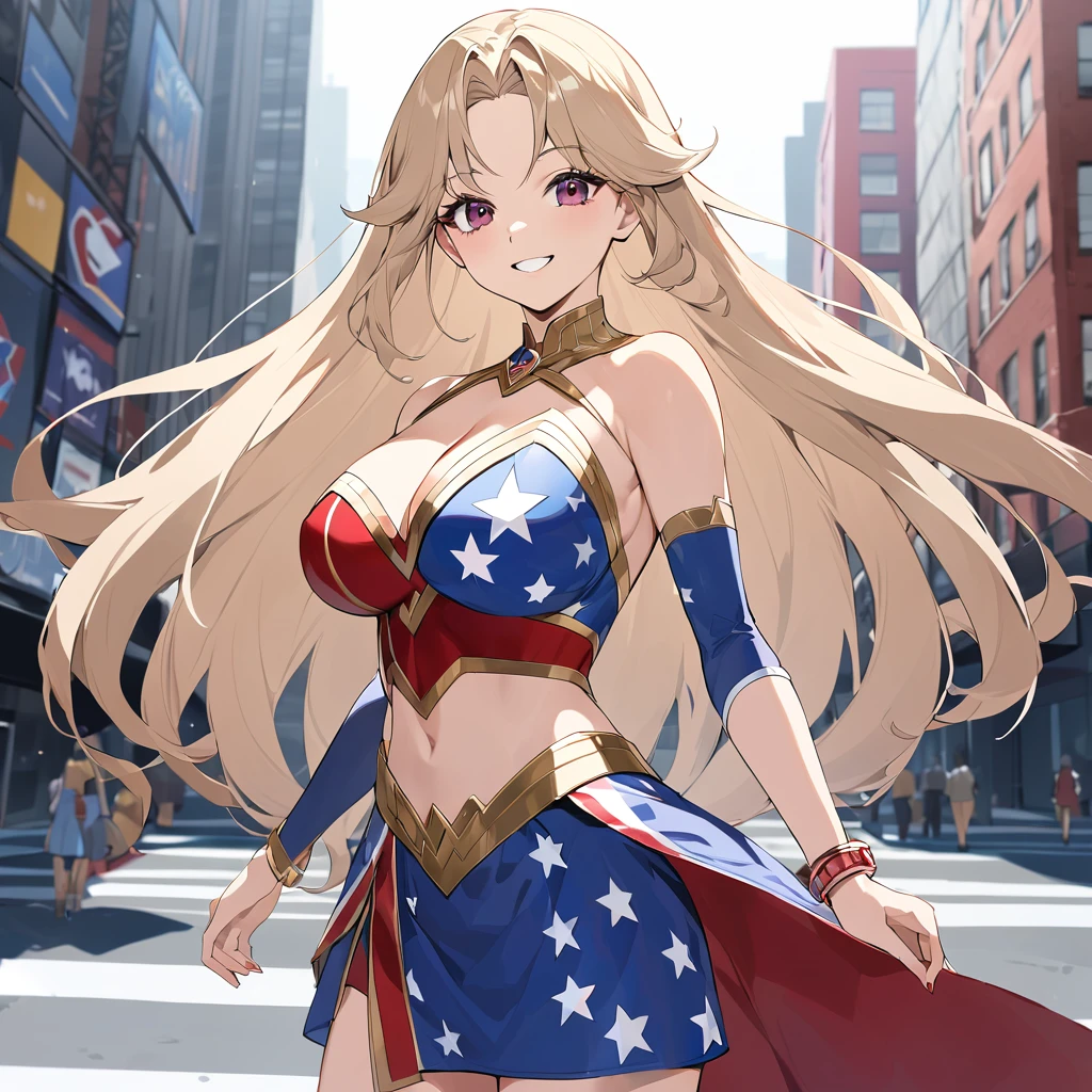 A woman wearing a Wonder Woman uniform from Marvel, uniform with the colors of the United States, beige hair, long hair, burgundy eyes, large breasts, exposed shoulder, gold bracelet, smiling, standing, walking on a concrete sidewalk in New York City, view of the building in the background, daytime location. .(woman alone)
