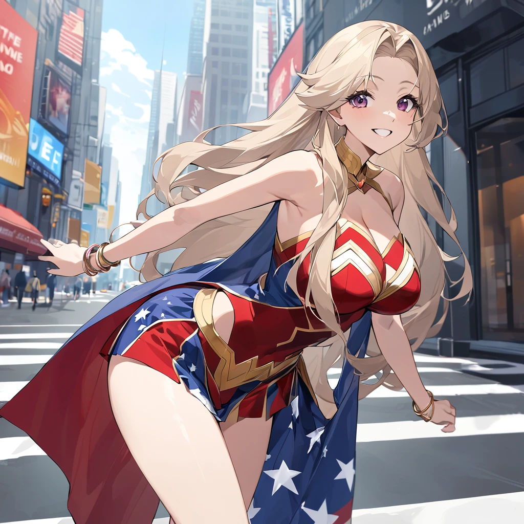 A woman wearing a Wonder Woman uniform from Marvel, uniform with the colors of the United States, beige hair, long hair, burgundy eyes, large breasts, exposed shoulder, gold bracelet, smiling, standing, walking on a concrete sidewalk in New York City, view of the building in the background, daytime location. .(woman alone)
