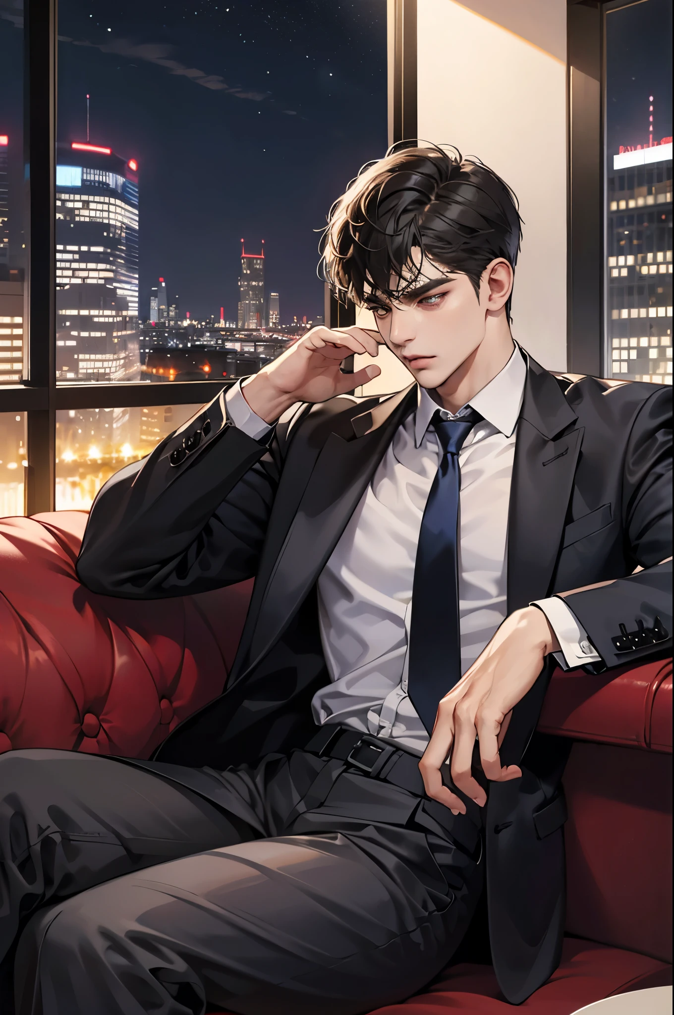 (absurdres, highres, ultra detailed, realistic, ), 1 male, solo, adult, mature, tall muscular guy, ,(sitting on a sofa,cross-legged), broad shoulders, handsome, very short hair, black hair, brown eyes, angular jaw, thick neck, thick eyebrows, night, dark, the night view of the city background, formal suit, necktie, upper body