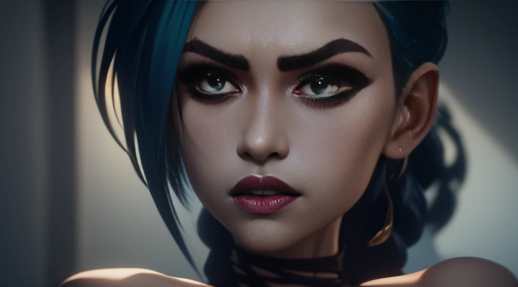 a naked jinx from arcane, beautiful detailed eyes, beautiful detailed lips, extremely detailed eyes and face, long eyelashes, intricate detailed facial features, beautiful porcelain skin, lithe athletic body, dynamic pose, dramatic lighting, cinematic composition, vibrant color palette, highly detailed, photorealistic, 8k, masterpiece
