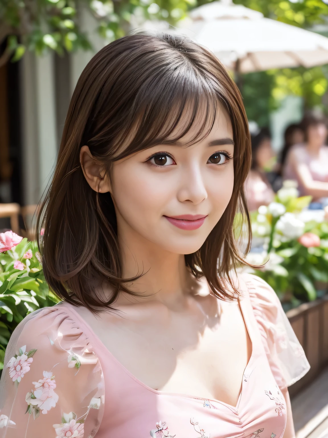 (RAW Photos), (Photo Real), (masterpiece), (Highest quality), High resolution, 8K resolution, (Intricate details), (Volumetric Light), Portraiture, woman, 30 years old, Medium Hair, Layered Hair, Brown Hair, Highly detailed eyes, Very thin eyebrows, Highly detailed skin, Highly detailed mouth, Highly detailed nose, Cute like an idol, smile, ((Pink lipstick)), ((Watching the audience)), (Elegant and transparent, Short sleeve dress with floral pattern), ((Open cafe terrace background)), Bodies facing random directions,