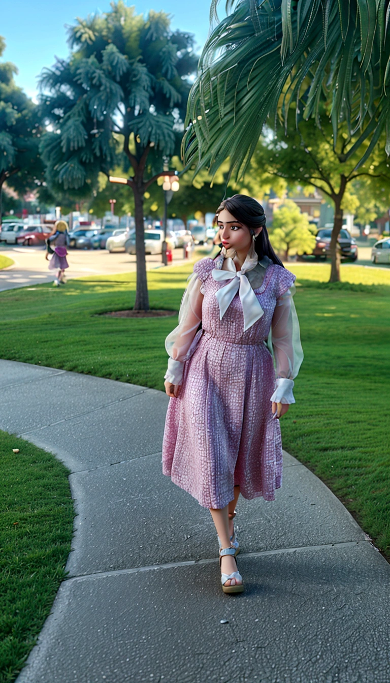 Master professional photography, Beautiful woman in pink dress and accessories,long and blonde hair, black eyes too, looking straight ahead,  extreme textures and details, full body portrait shot, with espadrille shoes, background of bohemian city landmarks and trees. (Frundo broker)