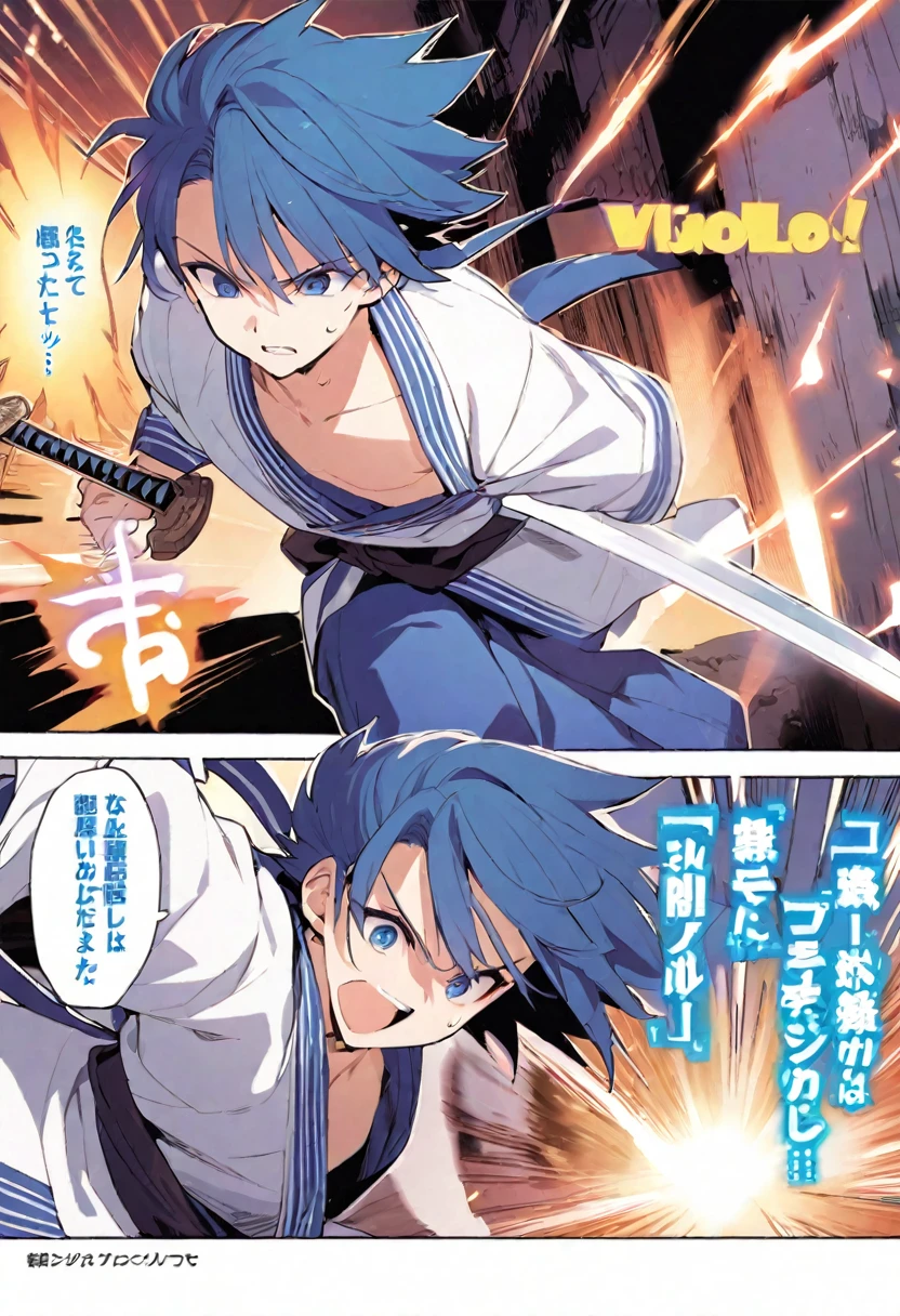 Manga Page ,A boy with blue hair wearing a gi, Fast Movement, Look forward, whole body, Wield a sword, Impactful manga sound effects