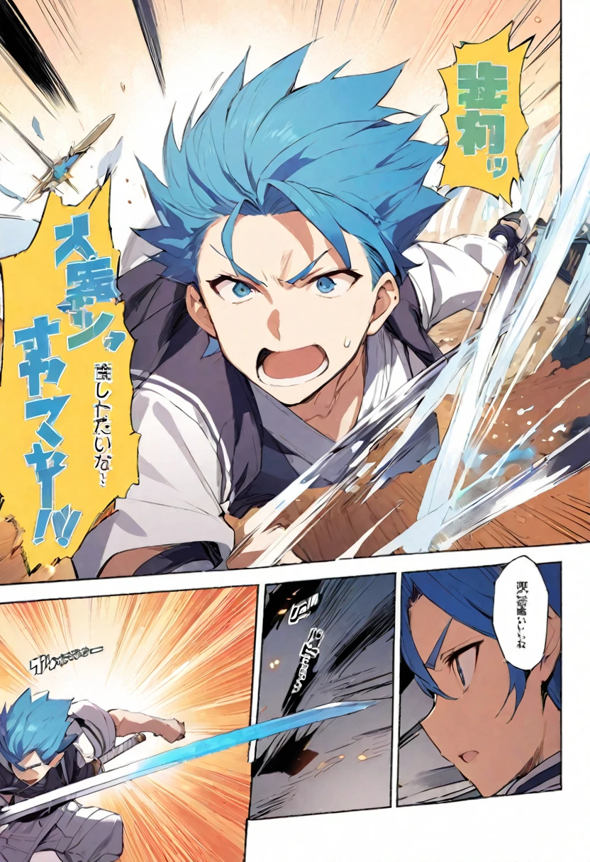 Manga Page ,A boy with blue hair wearing a gi, Fast Movement, Look forward, whole body, Wield a sword, Impactful manga sound effects