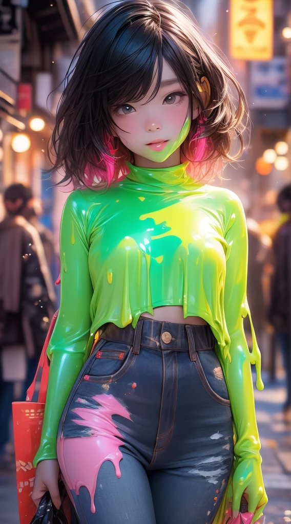 (Paint splashes)，colorful nipples，The color of the glow，lamplight，the girl，Look at the camera，Slime Gir，big round eyes, Cutes, sexy pose