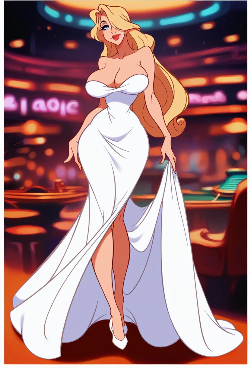 1girl, milf, Accurate describe shapes, beautiful face, expressive eyes, collarbone, lips, huge breasts, wide hips, curvy, straight hair, long hair, blonde hair, hair over one eye, blue eyes, lips, tube dress, strapless, bare shoulders, long dress, white dress, long dress, white high heels, solo, cowboy shot, casino, indoors, standing, looking at viewer, seductive smile
