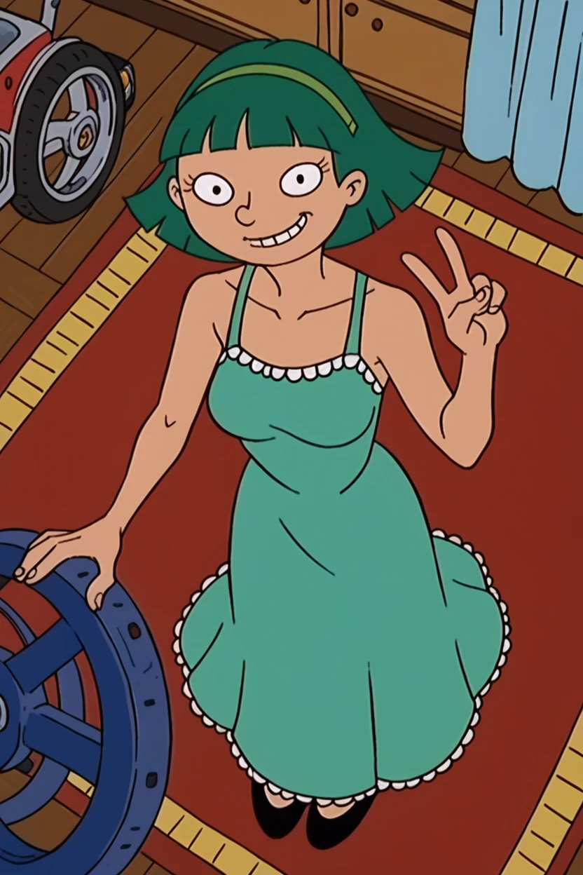 score_9_above,score_8_above,score_7_above,score_6_above,score_5_above,score_4_above BREAK olga pataki,1 girl,Alone,retro artistic style,by rubio,black eyes,short hair,blunt bangs,aquamarine nightgown, steering wheels, green hair band, sleeveless,inside, rug, curtains,SMILE,cowboy shot,looking at the viewer, long dress,peace sign