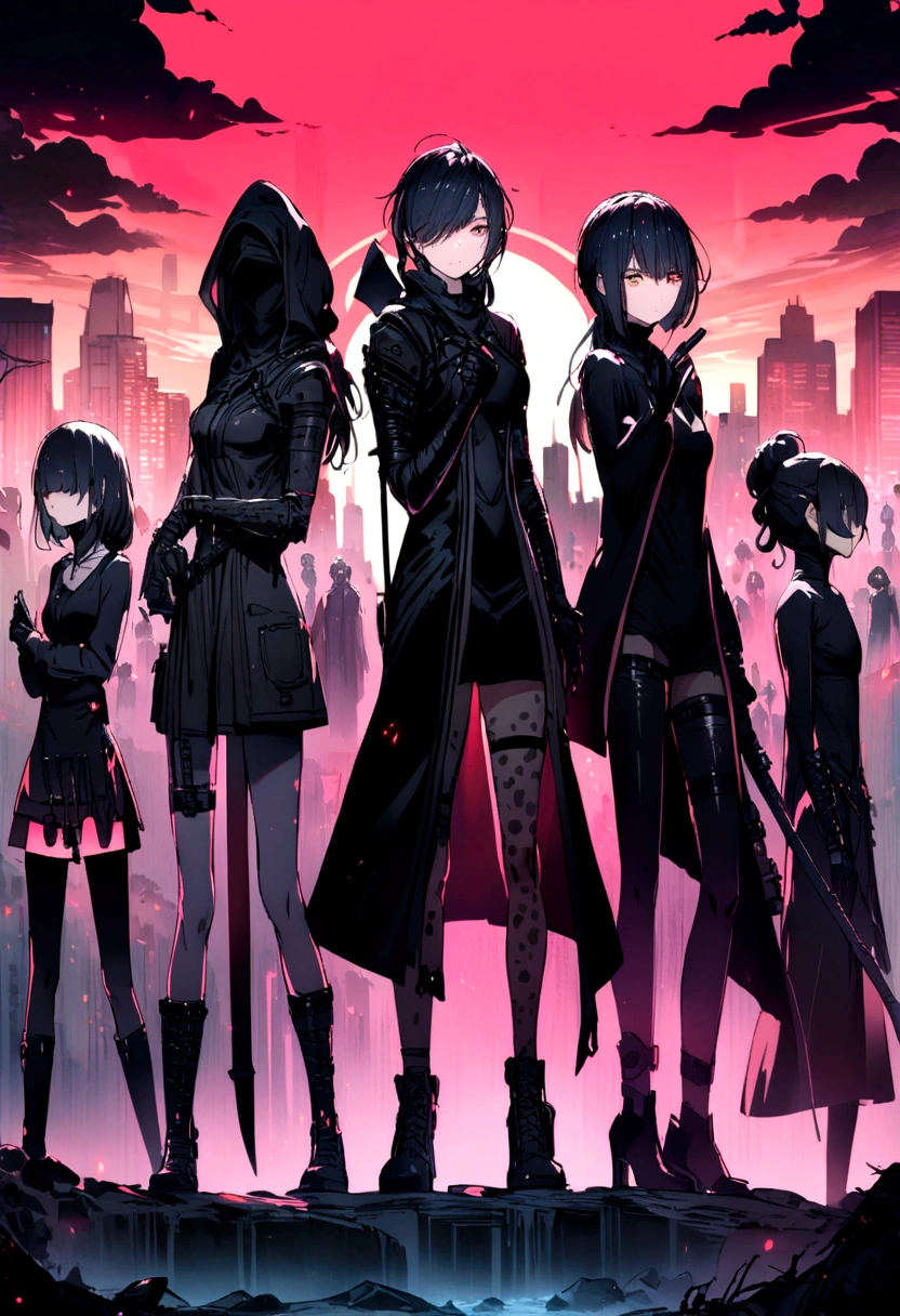 A group of people dressed in black with their faces covered and holding weapons standing in an apocalyptic scene