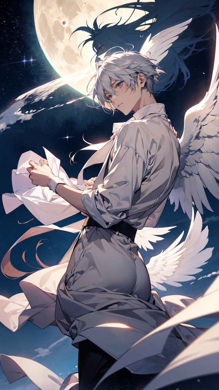 anime character with White Wings and a white shirt, !! takeshi amano!!, Big white glowing wings, l · lawliet, kaworu nagisa, White Wings, Moon Yagami, Natsume Yuujinchou, 全身の雄大なAngel, Angel, Hajime Yatate, Silver Wings, Moon Yagami, young wAngel