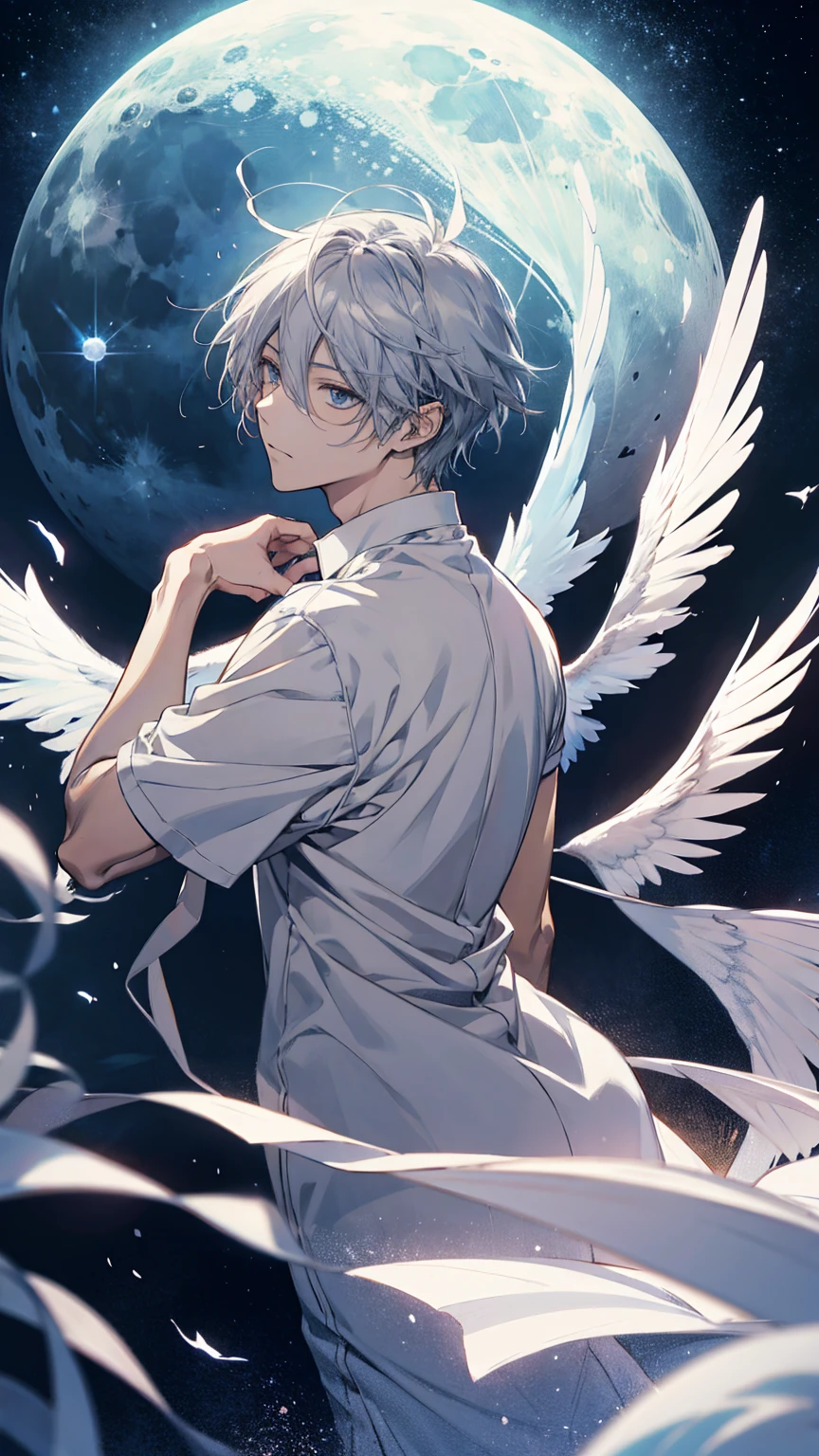 anime character with White Wings and a white shirt, !! takeshi amano!!, Big white glowing wings, l · lawliet, kaworu nagisa, White Wings, Moon Yagami, Natsume Yuujinchou, 全身の雄大なAngel, Angel, Hajime Yatate, Silver Wings, Moon Yagami, young wAngel