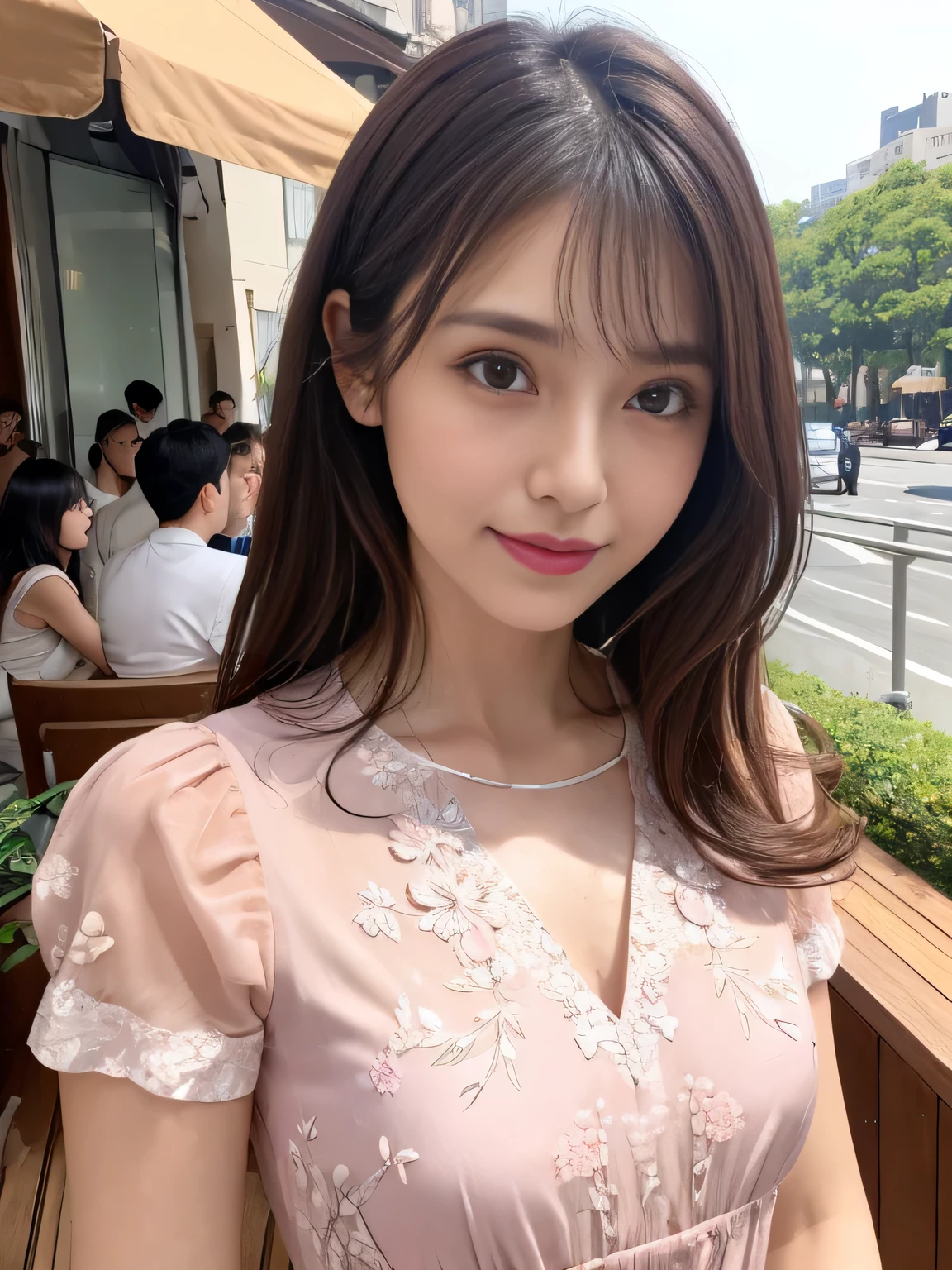 (RAW Photos), (Photo Real), (masterpiece), (Highest quality), High resolution, 8K resolution, (Intricate details), (Volumetric Light), Portraiture, woman, 30 years old, Medium Hair, Layered Hair, Brown Hair, Highly detailed eyes, Very thin eyebrows, Highly detailed skin, Highly detailed mouth, Highly detailed nose, Cute like an idol, smile, ((Pink lipstick)), ((Watching the audience)), (Elegant and transparent, Short sleeve dress with floral pattern), ((Open cafe terrace background)), Bodies facing random directions,