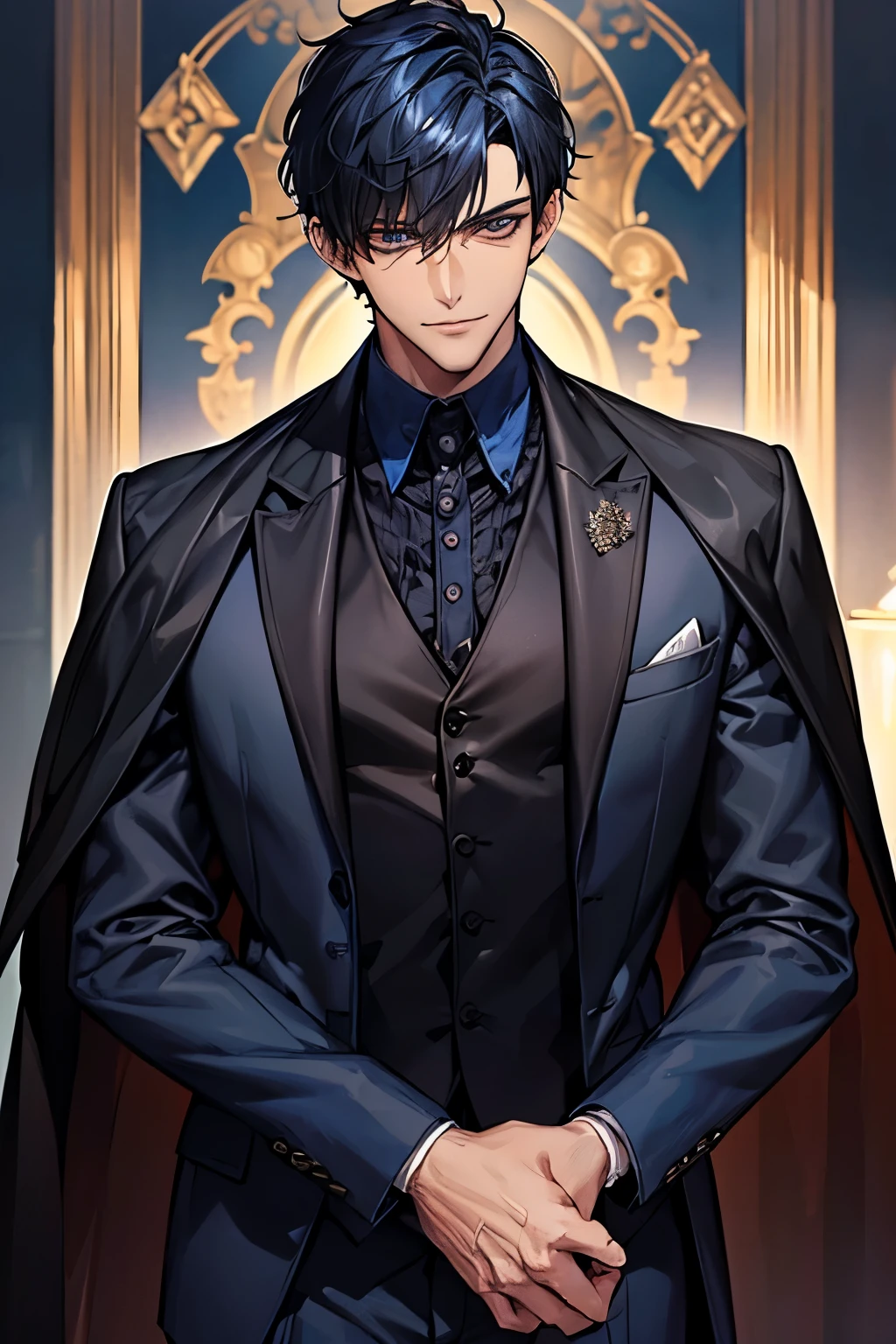 ((muste piece)), ((best quality)), ((brown skin)), ((dark blue eyes)), ((Dark blue hair))、handsome man , ((short hair:1.5)), masculine、tall、sexy、Adult man、Three white eyes、handsome man、firmly、muscular、broad shoulders、smile、wild、とてもwild、(((black suit))、 (highest quality), very detailed, focus only， very detailed顔，