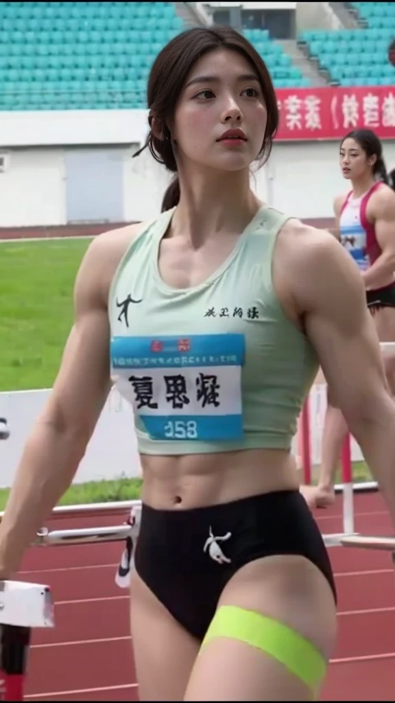 best quality, masterpiece, hulk girl,beautiful girl,, (green skin),biceps,muscular female, alternate muscle size,brown hair,,,pecs, muscular thighs,window, Chinese hair style, hanfu, food