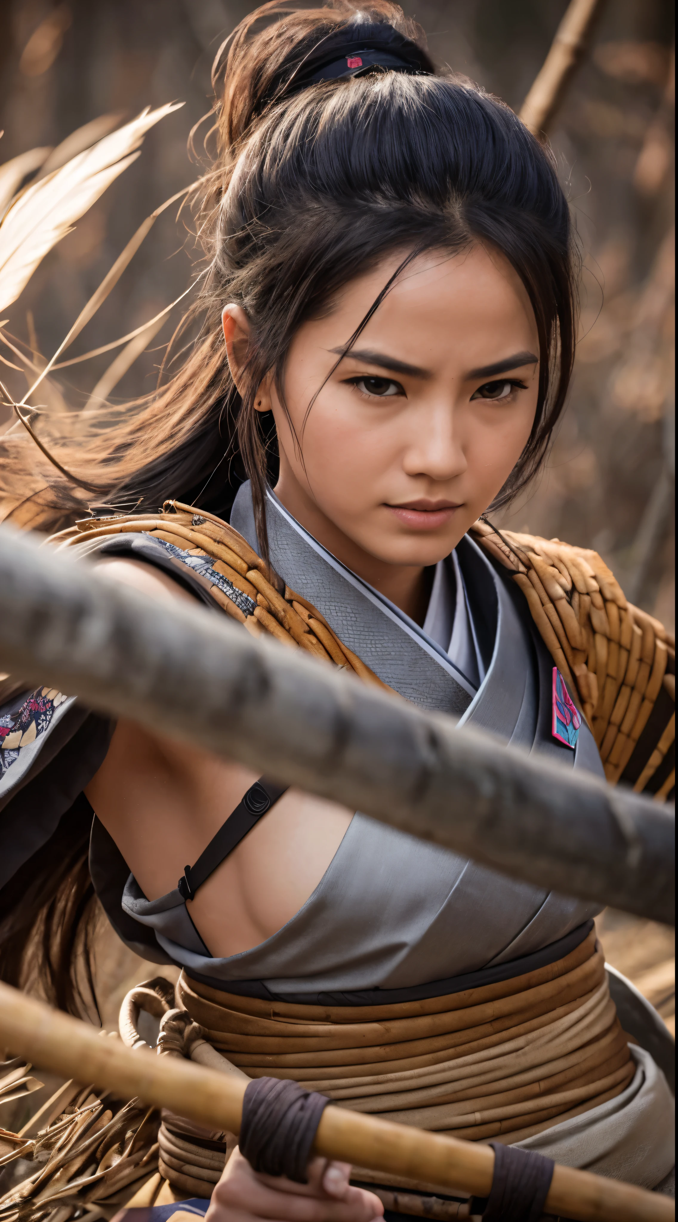 Raw photo of one female samurai, standing in a fighting stance, with a sword drawn from a scabbard in her hands, ready for battle, in full samurai attire (kimono) (wind in a bamboo forest), (the wind lifted the leaves up), a cut on her shoulder ( high skin detail: 1.2), 8k uhd, SLR camera, soft lighting, high quality, film grain, Fujifilm XT3