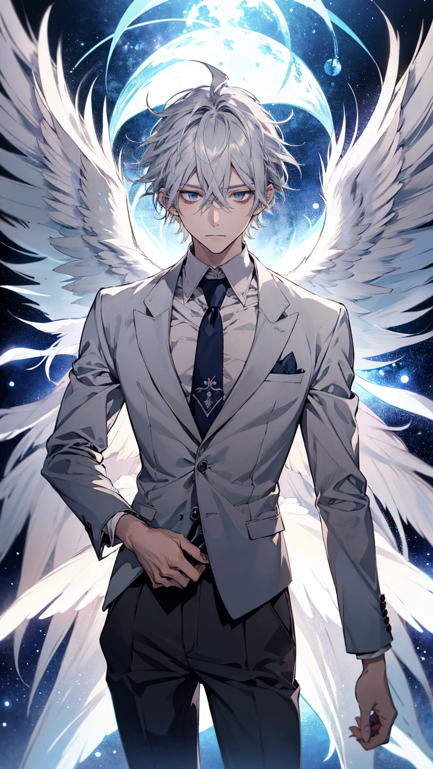 Anime-style drawing of a man with white hair and wings, by Shimo, Winged Boy, kaworu nagisa, 低いAngel, inspired by Okumura Togyu, young wAngel, Silver Wings, Gray-haired deity, Gray-haired, Tall anime guy with blue eyes, Angel, nagito komaeda, with large wings