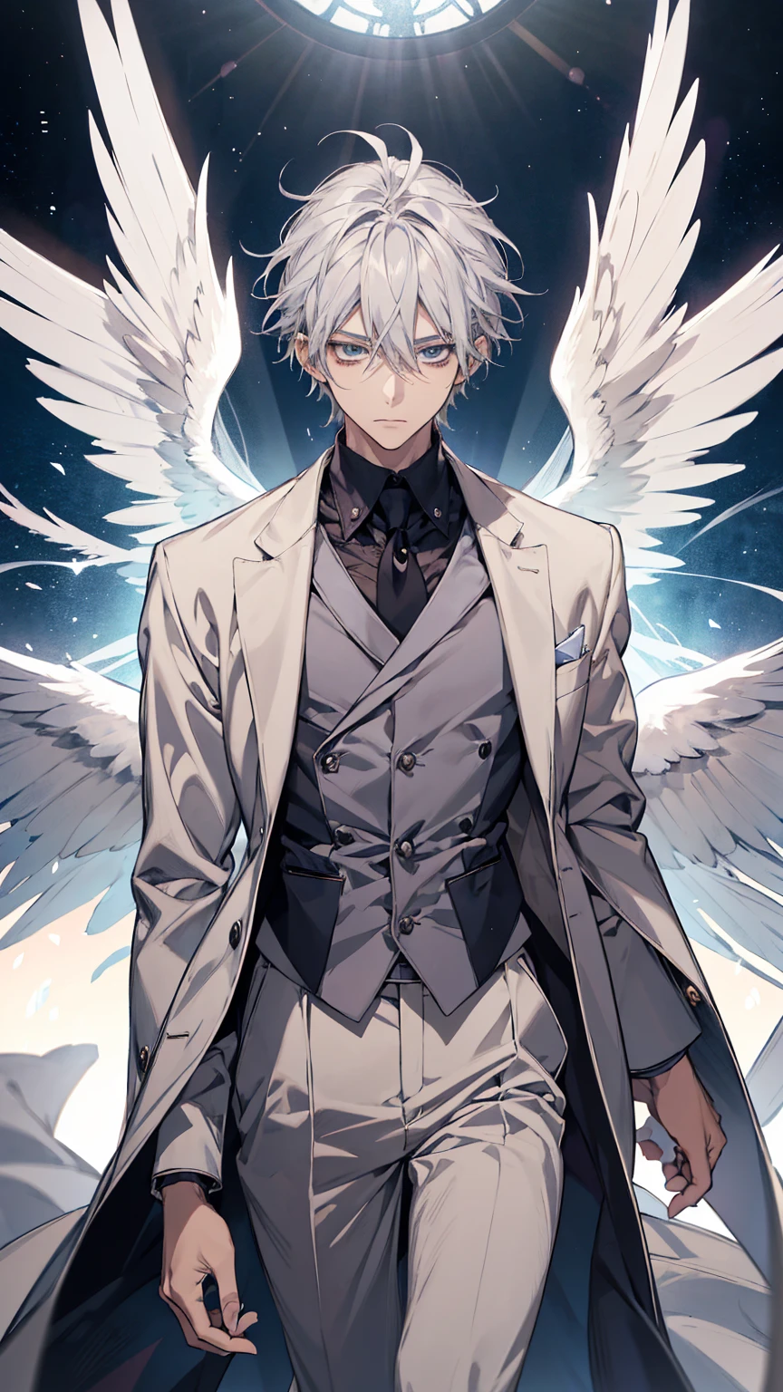 Anime-style drawing of a man with white hair and wings, by Shimo, Winged Boy, kaworu nagisa, 低いAngel, inspired by Okumura Togyu, young wAngel, Silver Wings, Gray-haired deity, Gray-haired, Tall anime guy with blue eyes, Angel, nagito komaeda, with large wings