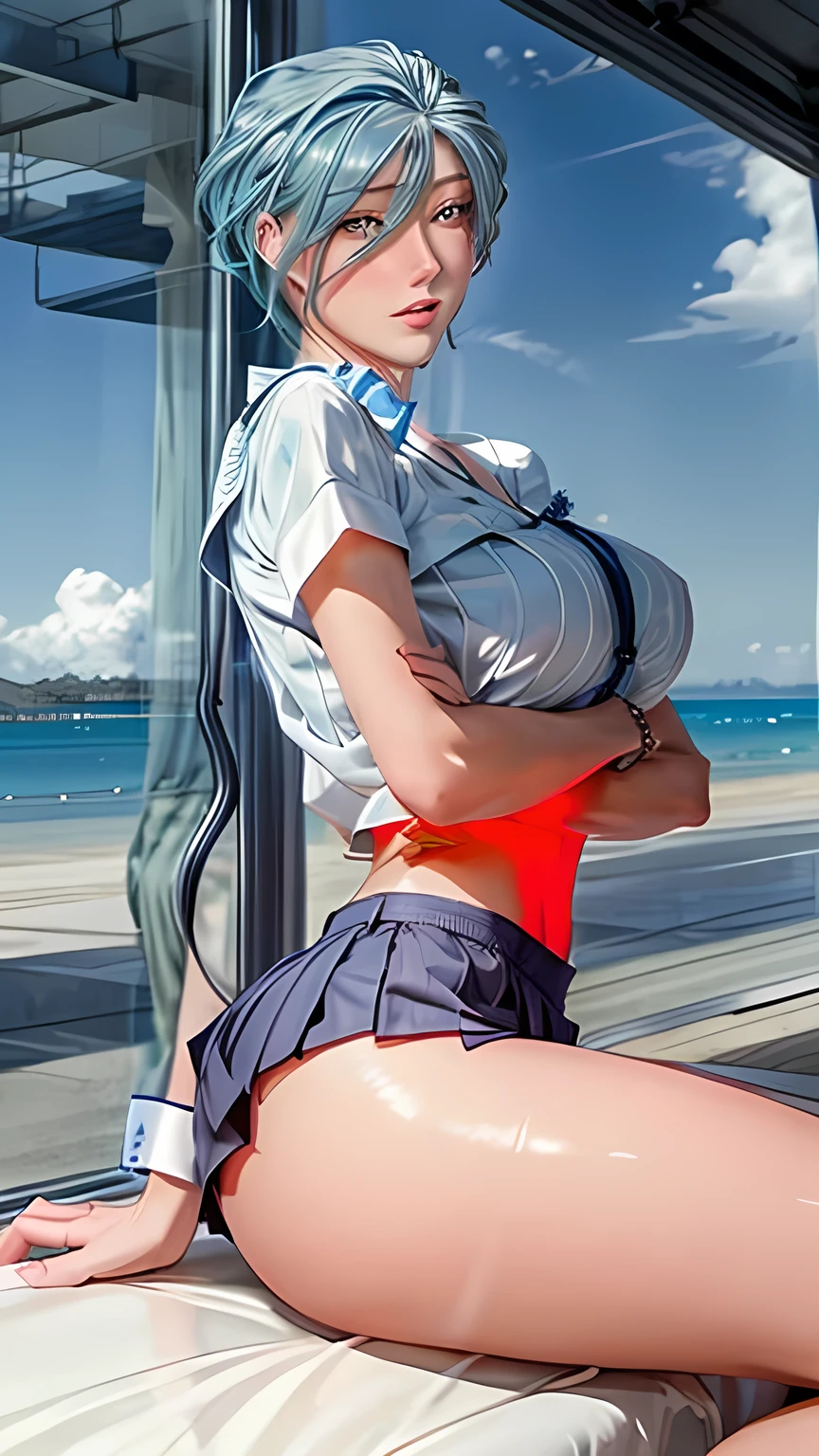 （Enrich the picture，Masterpiece level quality）Beautiful 8K CG artwork，Goddess-like posture，sittinng on the river，Postural exercises，Slim and soft，Translucent skin，Blue hair、The beauty of extra-long hair, Super Long Straight Hair，The skin is fair and juicy，Big breasts lingerie miniskirt uniform，Perspective Part 1.2x enhanced silhouette effect，Exquisite transparent blues pattern in pajamas，The details are intricate and exquisite，The background is slightly blurred，Charming and lustful leg seduction，Drool，K cup big breasts，Blush，Japan goddess，Perfect body slim curves，Scene from the airport，Scene of 3 girls sitting by the sea