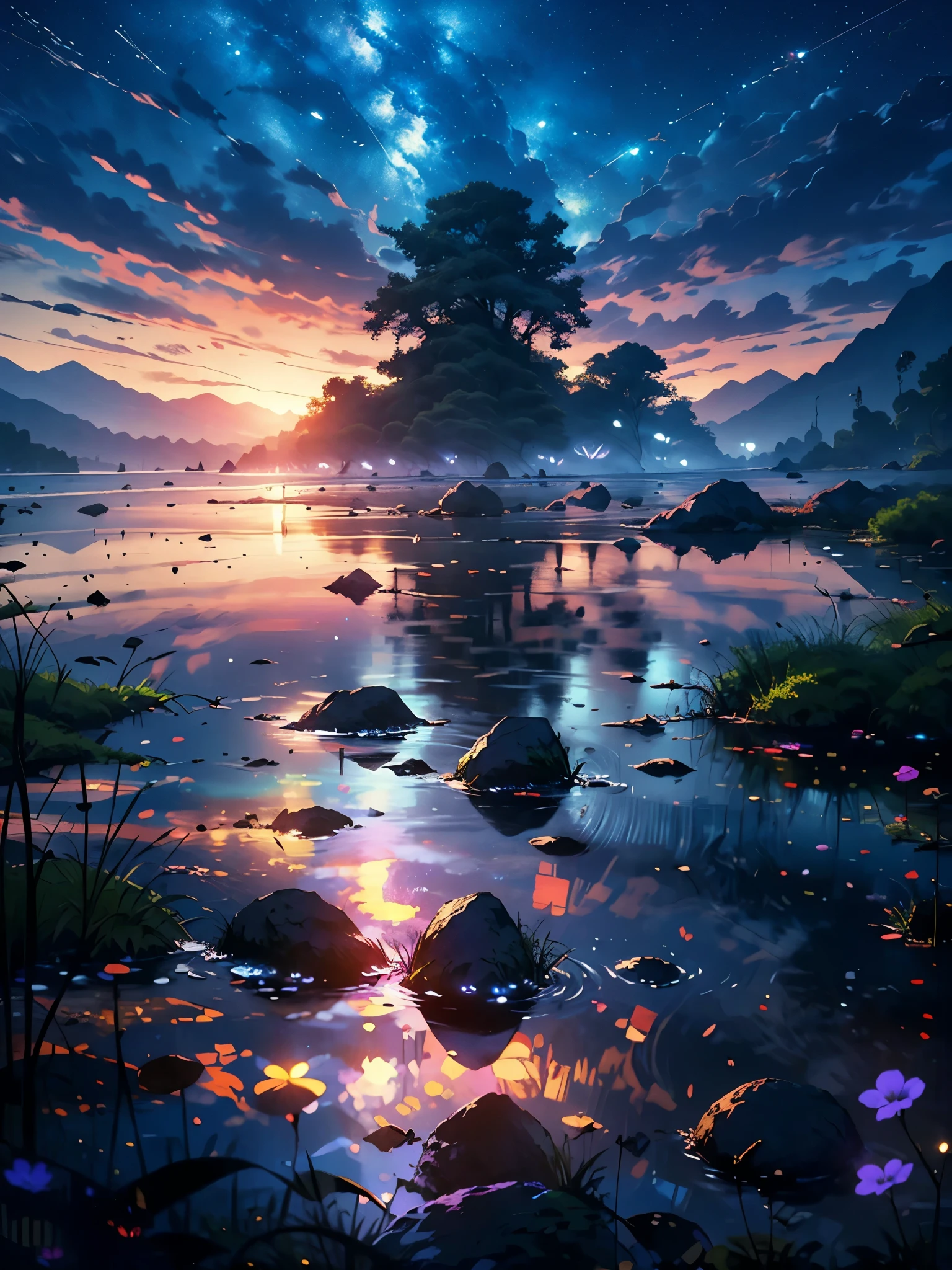 A photograph that captures the essence of a magical dream world. An epic and legendary cliff overhanging a beautiful lake, with surreal and vibrant colors illuminating your reflection. The atmosphere is otherworldly, with soft night light casting ethereal shadows. The image creates a sense of depth and mystery, as if the viewer is being transported to another dimension, creating a beautiful and haunting composition. Shot with a 120mm wide Canon EosIII Zeiss