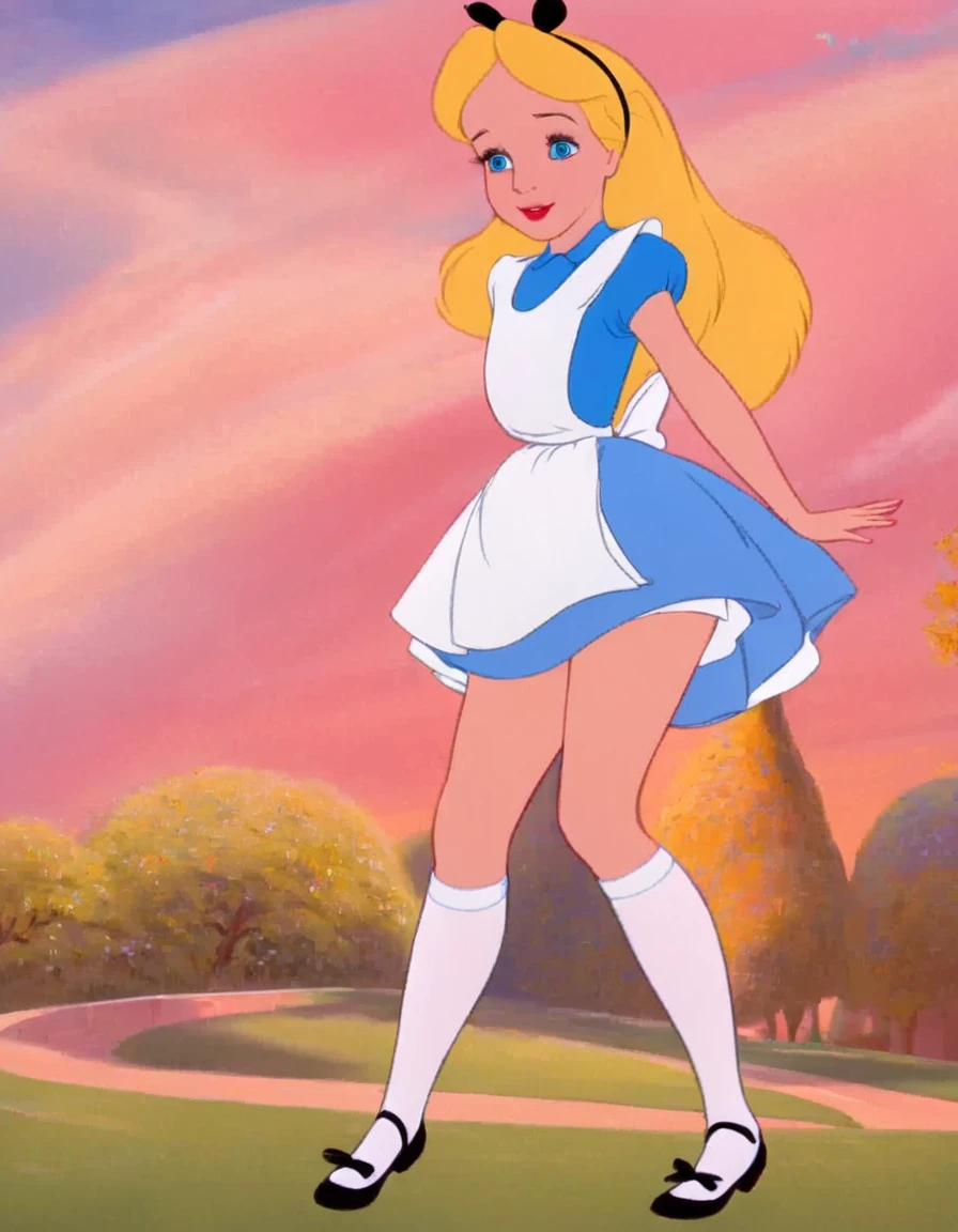wxaliwonlan, 1girl, solo, long hair, blue eyes, blonde hair, alice, disney, masterpiece, best quality, upskirt view, full view, white panties, windy upskirt, looking at viewer, hip shimmy, smiling, legs together, standing, front view, ankle socks