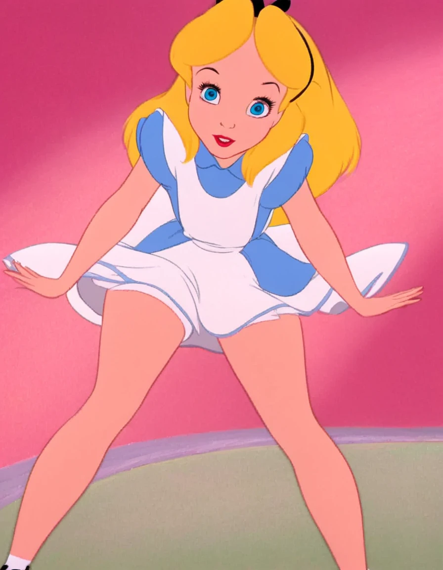 wxaliwonlan, 1girl, solo, long hair, blue eyes, blonde hair, alice, disney, masterpiece, best quality, upskirt view, full view, white panties, windy upskirt, looking at viewer, hip shimmy, smiling, legs together, standing, front view, ankle socks