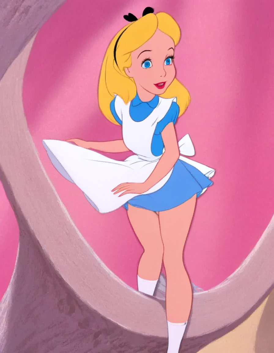 wxaliwonlan, 1girl, solo, long hair, blue eyes, blonde hair, alice, disney, masterpiece, best quality, upskirt view, full view, white panties, windy upskirt, looking at viewer, hip shimmy, smiling, legs together, standing, front view, ankle socks