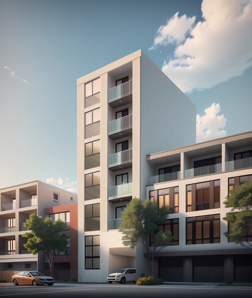 rendering of a modern apartment building with a parking lot in front, architectural 3 d render, low angle dimetric rendering, architectural render, high render, wide angle exterior 2022, architecture render, mid-view, pre-rendered, precise architectural rendering, professional render, architectural visualisation, highly detailed render, highly photographic render, hyper-realistic render
