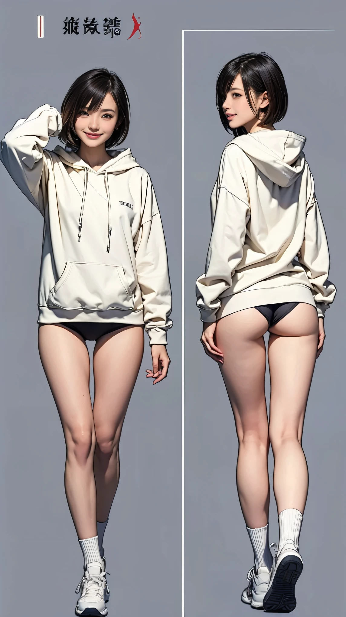 ((masterpiece)),(((Highest quality))),((Character design sheet)), Thin thighs,Long legs,18 year old Japanese girl, Cute type,The best smile:1.5,white long hoodie:1.5, Black panties in full view 1.5,Very short hair , (Highly detailed skin), The background is gray,Tuck up your clothes:1.5,Wearing a hood:1.5,Sexy pose with butt sticking out:1.5,Wearing white sneakers:1.5,I'm not wearing a skirt:1.5,