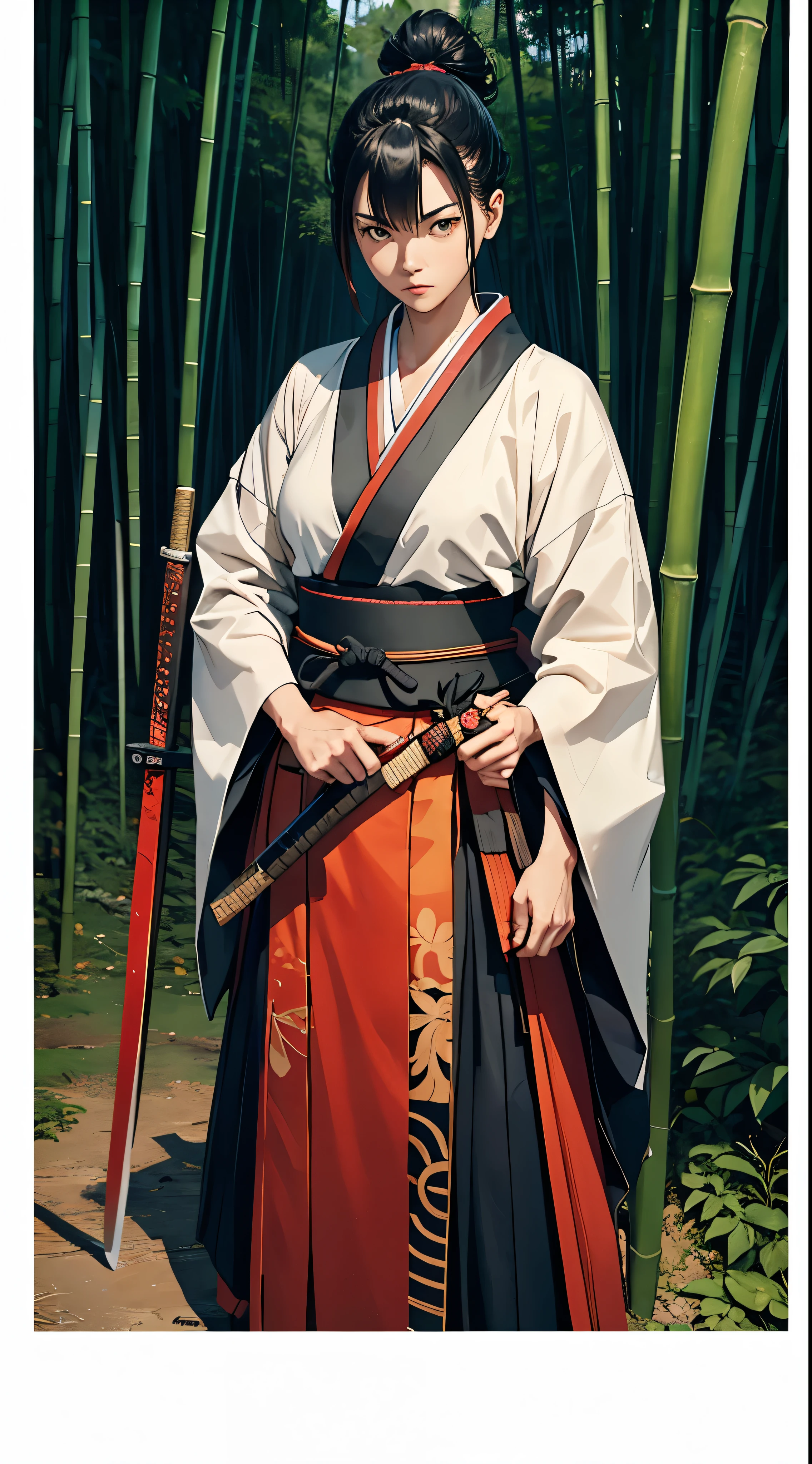 Raw photo of one female samurai, standing in a fighting stance, with a sword drawn from a scabbard in her hands, ready for battle, in full samurai attire (kimono) (wind in a bamboo forest), (the wind lifted the leaves up), a cut on her shoulder ( high skin detail: 1.2), 8k uhd, SLR camera, soft lighting, high quality, film grain, Fujifilm XT3