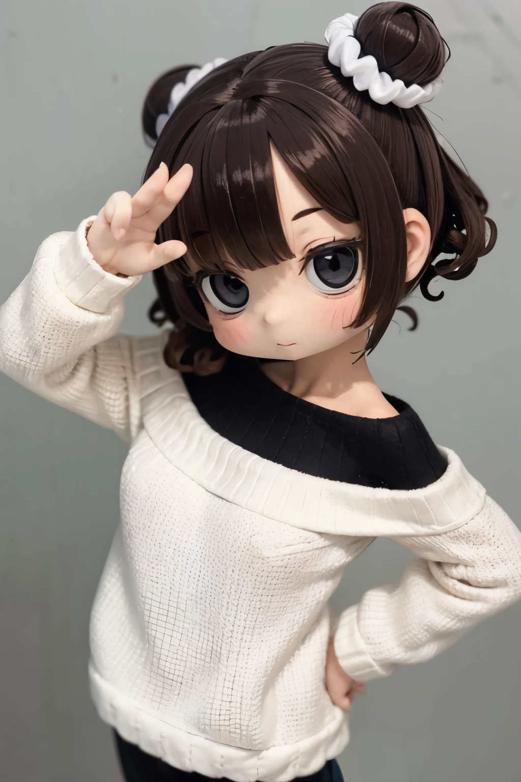 Shoulder sweater, Curly shorthair, hair scrunchie, Twin-tailed, kawaii pose、A face and pose that expresses deliciousness