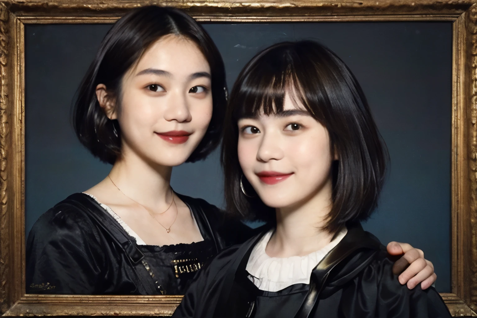 252 (An 18-year-old female and an 18-year-old male), (short hair),kind, lipstick, (Rembrandt-style painting), smile