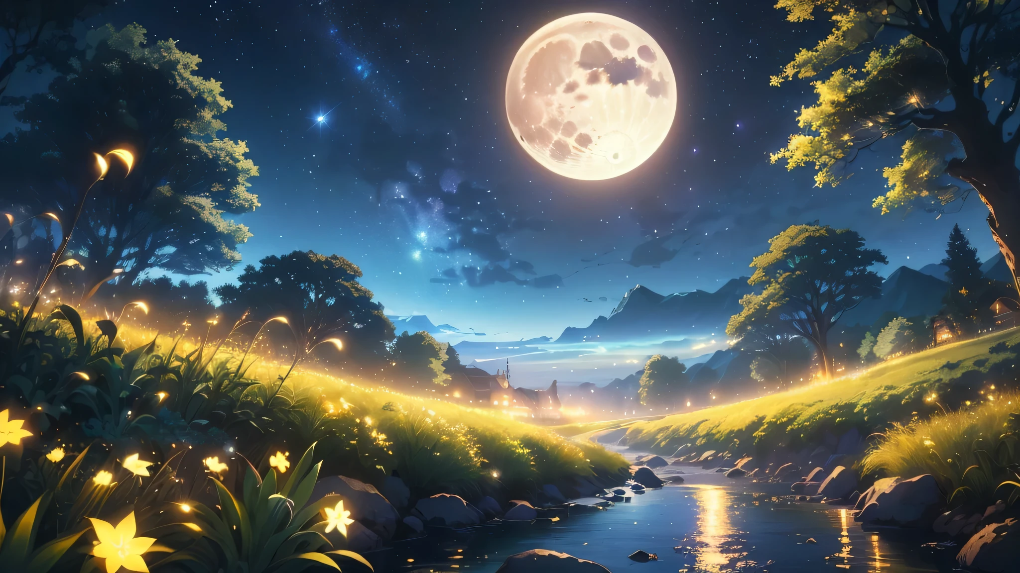 Night scene with creek and full moon, anime background technology, background technologywork, Anime Background, moonlit starry sky environment, Beautiful anime scenery, Anime Landscape Wallpaper, Moonlit night dreamy atmosphere, Beautiful moonlit night, Anime beautiful peaceful scene, Anime Art Wallpaper 4K, Anime Art Wallpaper 4K, background technology, Beautiful anime scene, bright moonlight and stars