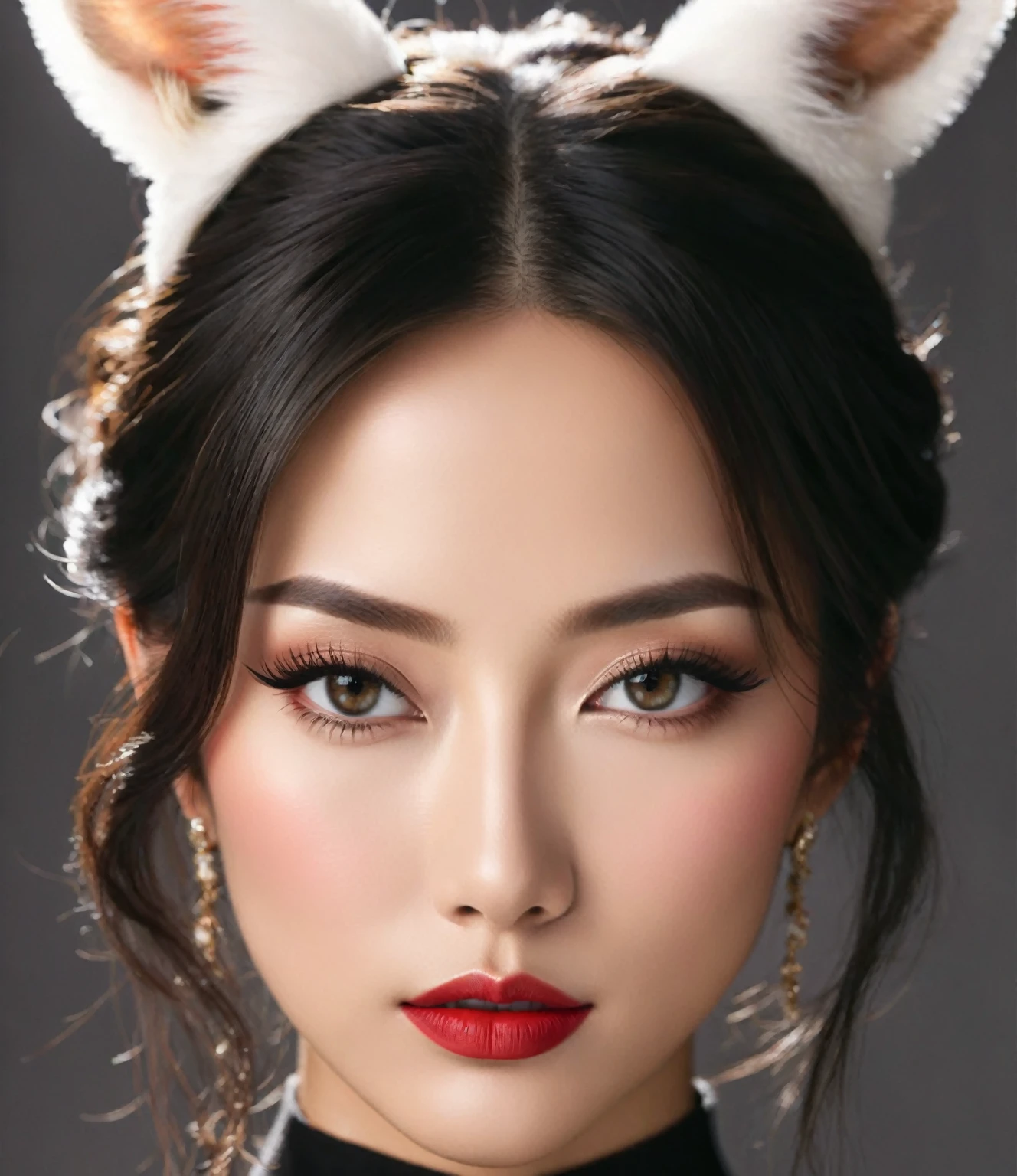 Create a high-quality, photorealistic image of Queen Ivy, an elegant and sophisticated half Asian woman. She has a commanding presence with delicate, symmetrical facial features. Her skin is smooth and flawless with a light, natural complexion. She has almond-shaped eyes with dark brown irises, enhanced by dramatic smokey eye makeup and long, voluminous lashes. Her eyebrows are perfectly arched and well-defined.
Her lips are full and painted with bold red lipstick, complementing her overall look. Her hair is long, sleek, and jet-black, styled elegantly. In this image, she is wearing a subtle makeup look, highlighting her natural beauty with a touch of blush and highlighter on her cheekbones.