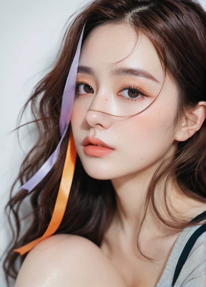 (8K, best quality, masterpiece:1.2),(best quality:1.0), (ultra highres:1.0), watercolor, a beautiful woman, shoulder, hair ribbons, by agnes cecile, half body portrait, extremely luminous bright design, pastel colors, (ink:1.3), autumn lights,Brown Hair Sitting with your knees upright Look away