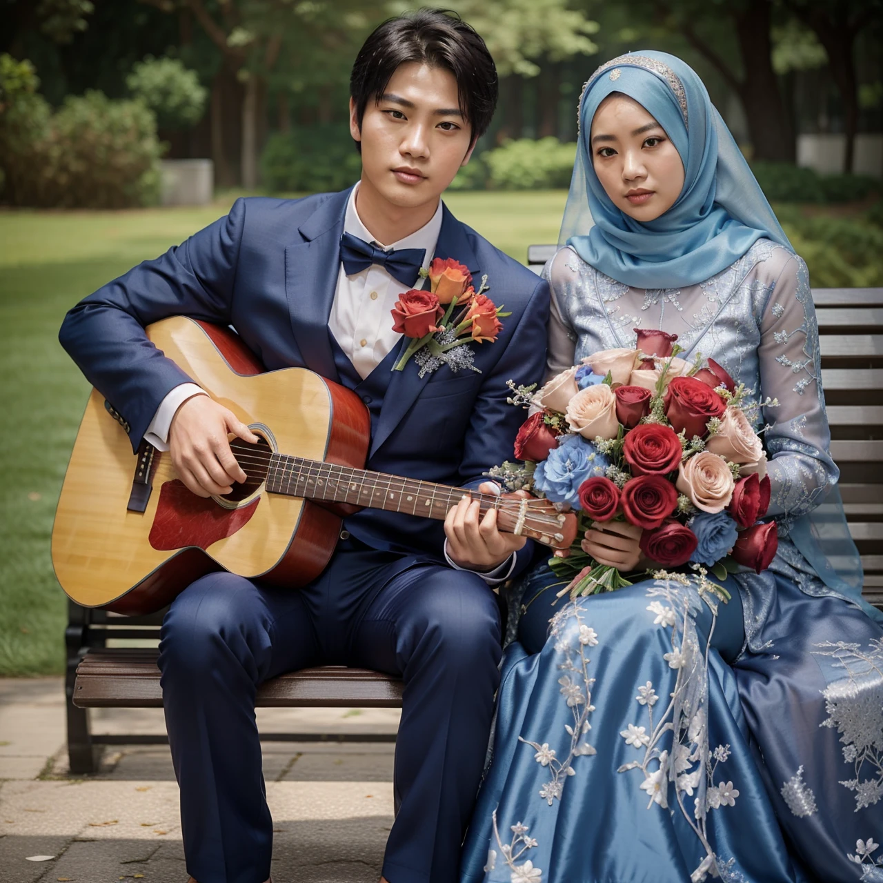 real potrait, full body, Longshot, a Korean man with short hair wearing a dark blue suit, holding a guitar, and an Asian woman wearing a blue hijab wearing a kebaya embroidered with silver thread, holding a bouquet of red roses, sitting side by side on a park bench, colorful flowers behind them
