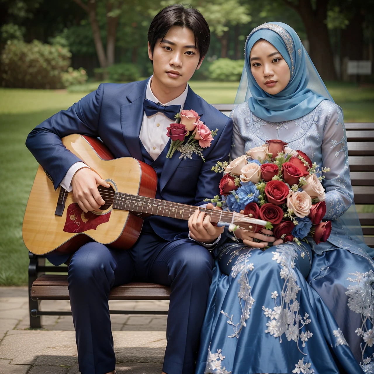real potrait, full body, Longshot, a Korean man with short hair wearing a dark blue suit, holding a guitar, and an Asian woman wearing a blue hijab wearing a kebaya embroidered with silver thread, holding a bouquet of red roses, sitting side by side on a park bench, colorful flowers behind them