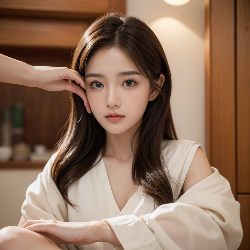 best quality, masterpiece, (Practical:1.2), 1 girl, 25 years old,Brown hair, Brown eyes,front, Sit upright,Head-up lens,ID photo,Delicate face, beautiful eyes
