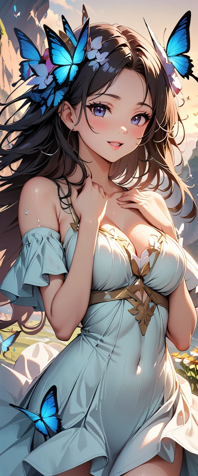 feather，白色feather翅膀，Angel，(best quality:1.2, Very detailed, up-to-date, Energetic, Digit coloring, High contrast, masterpiece:1.2, best quality, Best aesthetics, Wind), 1 female, Silver Hair, Long curly hair、(((White Butterfly Hair Accessory, White Butterfly Dress:1.2))), (Many butterflies and flowers flying:1.2, Fantasy Landscape:1.4), Our Lady Dress，A pair of white wings，Bright Lights, Beautiful World, New World, Blown by the gentle wind, (灼hot目光, hot, Rui々Beautiful lips, smooth, open mouth, Leaking sigh), precise, Textured Skin, Cowboy shooting, Charming smile, The Beauty and Dangers of Growing from Girl to Adult, A symbol of miraculous beauty.