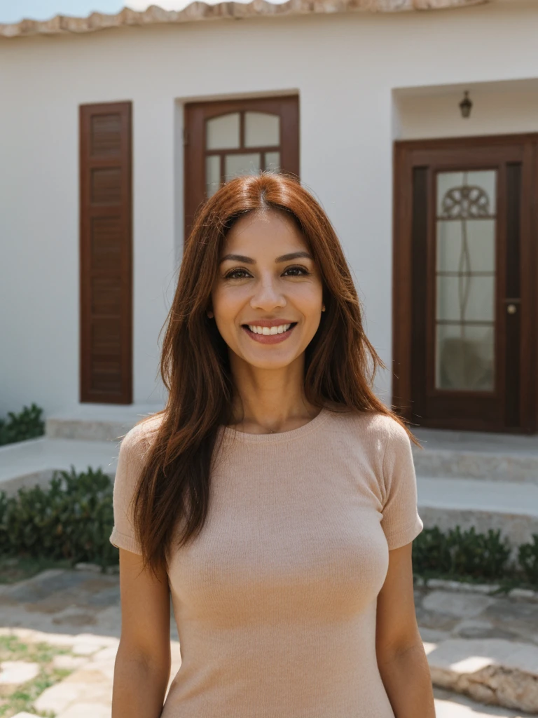 Adriana, 1girl, solo, realistic, photorealistic, high quality picture, 8k, high resolution, detailed quality, film grain, natural photo, ultrarealistic, (((40-years-old))), ((detailed wrinkles in her face)), LATINA, (Background: Mexico), (((SLIM))), ((THIN)), (Slender) ((Long Red hair)), Smiling, fully clothed, Pose: Standing ((Standing outside her house in Mexico)), Noon time, full shot