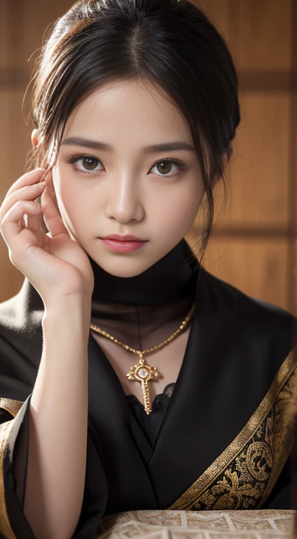 (Highest quality,In 8K,masterpiece:1.3,),(Ultra-high resolution,Photorealistic:1.4,Raw photo),(Ultra-detailed,Glowing Skin,Delicate skin),(Detailed face,Perfect Anatomy,Caustics),Japanese,Japanese Ido,Black-haired,Large Breasts,shawl、table cloth、witch、Tarot Cards、Crystal Jade、Serious look、Portrait、mysterious、orthodox、serious、Small Eyes、Darkness、Don&#39;t show skin、Stall、magician、Wand、Show your card、necklace、Traditional、religious、Shaman、spiritual、spiritual、Spiritual world、