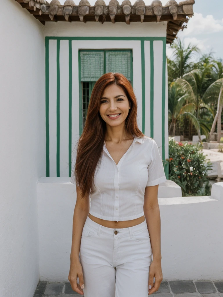 Adriana, 1girl, solo, realistic, photorealistic, high quality picture, 8k, high resolution, detailed quality, film grain, natural photo, ultrarealistic, (((40-years-old))), ((detailed wrinkles in her face)), LATINA, (Background: Mexico), (((SLIM))), ((THIN)), (Slender) ((Long Red hair)), Smiling, fully clothed, Pose: Standing ((Standing outside her house in Mexico)), Noon time, full shot
