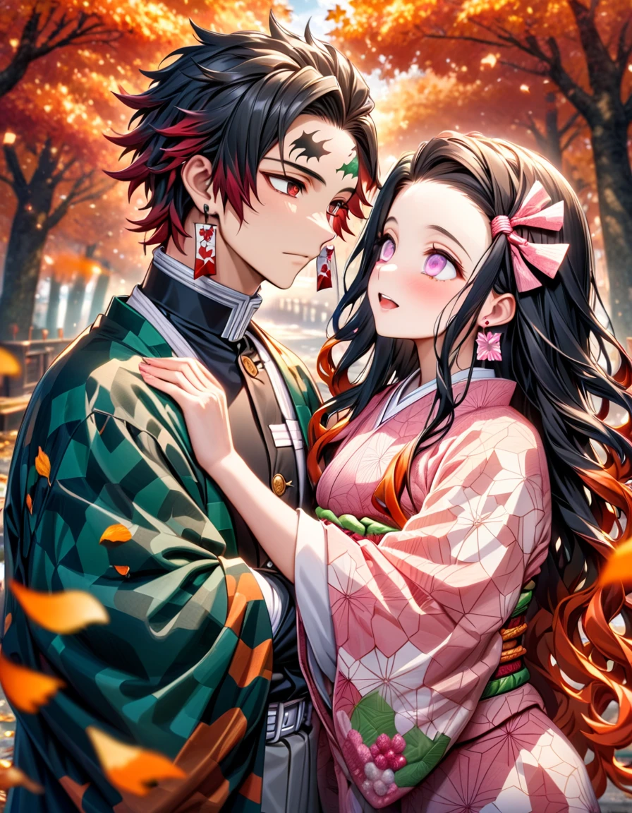 Ultra detailed, highres, absurdres, HDR, master piece, Kamado Tanjirou, ruffled black hair with burgundy tips, short hair, expressive dark red eyes, hanafuda earrings, Kamado Nezuko, black hair, expressive pink eyes, black haori, pink kimono, Kimetsu No Yaiba, autumn, petals, orange and yellow leaves, a handsome man together with a beautiful woman, couple, handsome, demon slayer uniform, green haori, best quality, red mark on his forehead