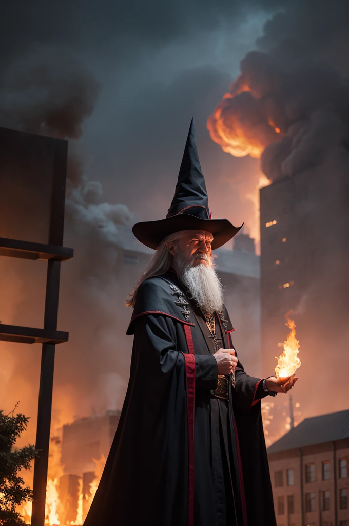 An evil wizard with a huge campus and fire in the background