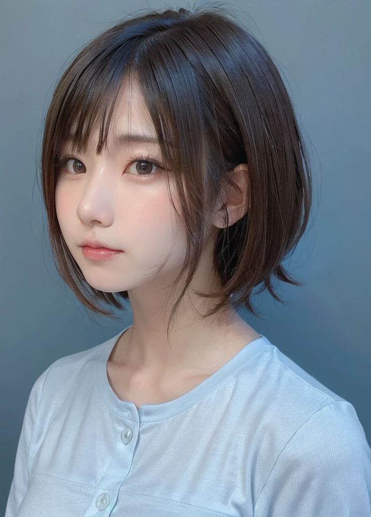 mAster Piece, Highest quality, One girl, profile, A stunning face, Blue background, Blurred, Swollen eyes, short hair, Upper Body