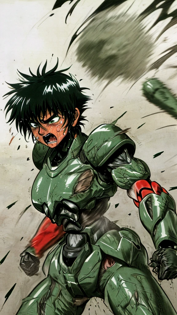 Rough skin, Very detailed, Advanced Details, high quality, 最high quality, High resolution, 1080P 、Bleeding from the wound、Sexy Eyes、Wearing green and black、cute((My whole body is sweating))(Equipped with a battle suit damaged by wounds....)(Dark green armor)(Broken Armor)Black Hair、Chiquita、short hair、Open your mouth、Painful expression、It hurts again、Healthy Skin、20-year-old women (Steam coming out of the face) ((Steam coming out of the body)) Unable to fight Severe seizures Full face helmet damaged Ordinary face freckles