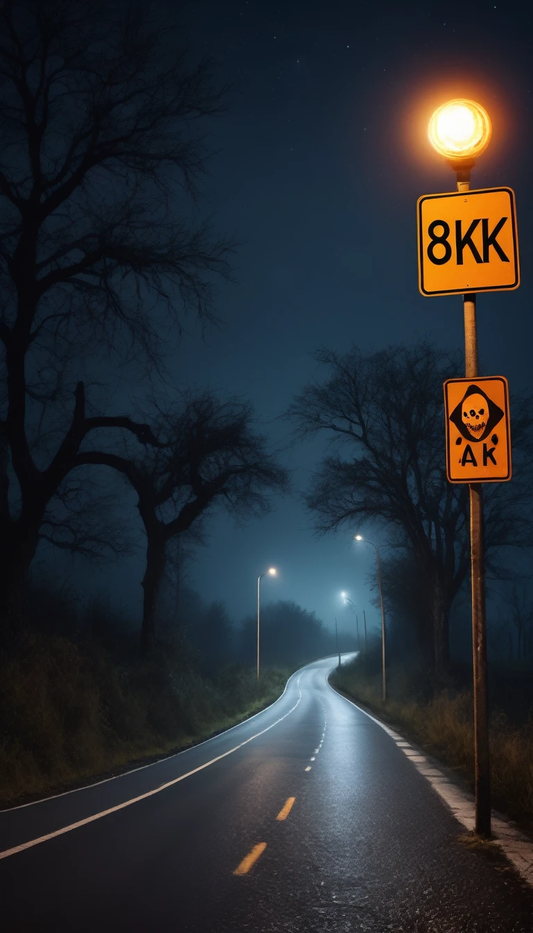 A scary horror image on the road at night, PICTURE REALISTIC, high resolution, 8K