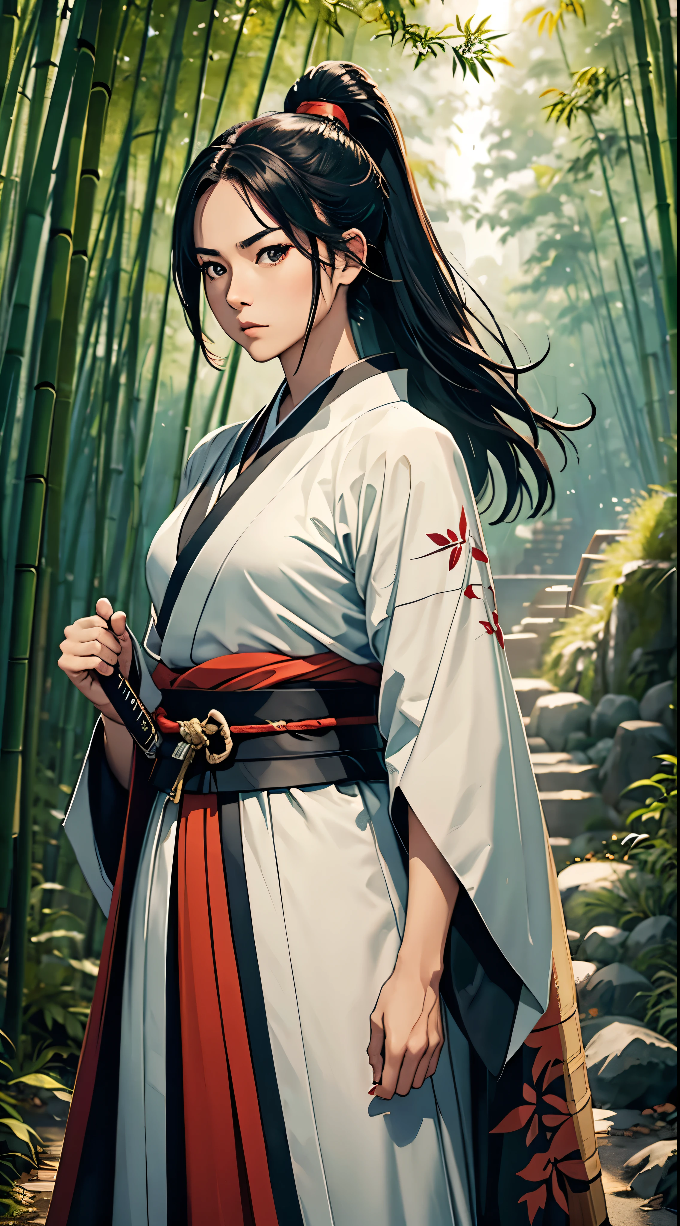 Raw photo of one female samurai, standing in a fighting stance, with a sword drawn from a scabbard in her hands, ready for battle, in full samurai attire (kimono) (wind in a bamboo forest), (the wind lifted the leaves up), a cut on her shoulder ( high skin detail: 1.2), 8k uhd, SLR camera, soft lighting, high quality, film grain, Fujifilm XT3
