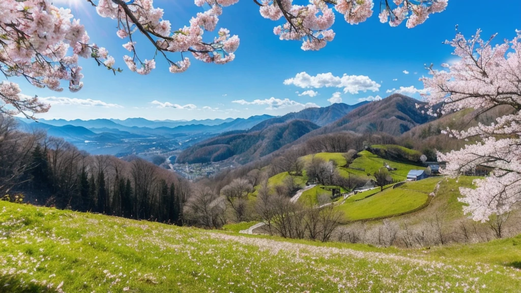 Spring cherry blossoms, mountain scenery, spectacular view