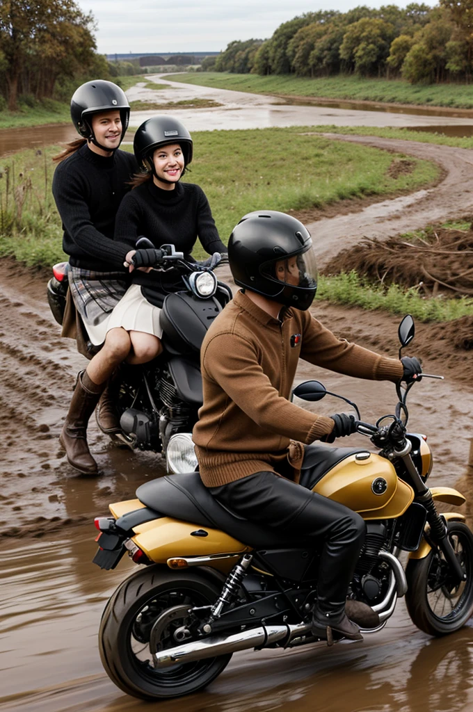 2D cartoons, man wearing tie and woman wearing sweater skirt and black boots, traveling together on a black motorcycle, with helmets, dirt road, muddy river in the background
