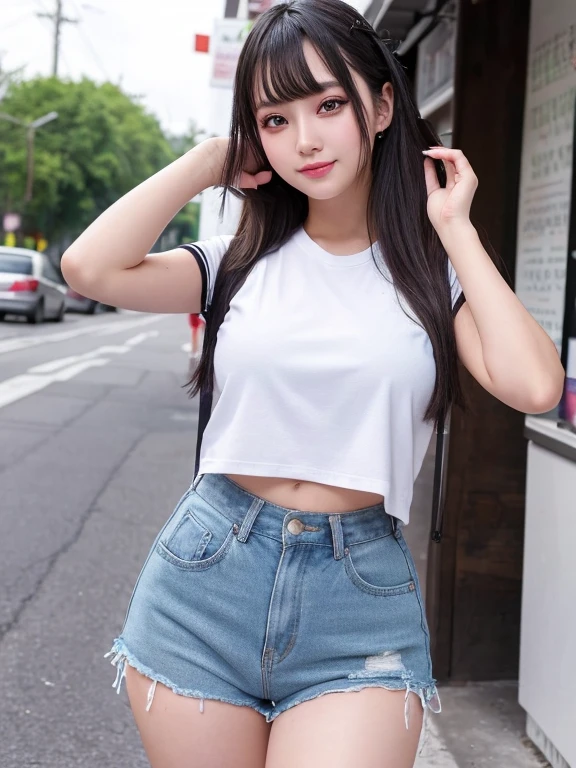 What women born in 2003 will look like in 2024。Stylish clothing。Armpit sweat。Landmine makeup。Heavy makeup。Love Makeup。Vibrant eye makeup。Droopy eyes。Young face。Chubby。Provocative smile。Plump young girl。Young thighs。Photos taken outdoors in busy areas。Shorts。Arm warmers