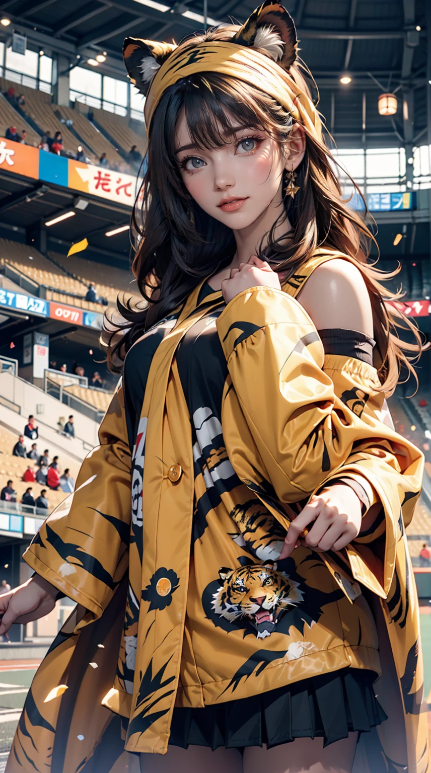 Fans of the NPB team Hanshin Tigers、24-year-old female、Wear a tiger-print happi coat、Wear a tiger print headband、Holding a yellow megaphone、Being at Hanshin Koshien Stadium